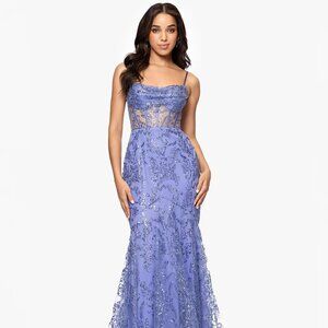 Blondie Nites Juniors' Glitter-Floral Corset Gown Periwinkle Size 3